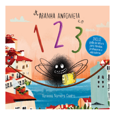 Capa de livro infantil com aranha preta sorridente segurando lanterna amarela entre casas coloridas, texto do título e balão azul informativo.
