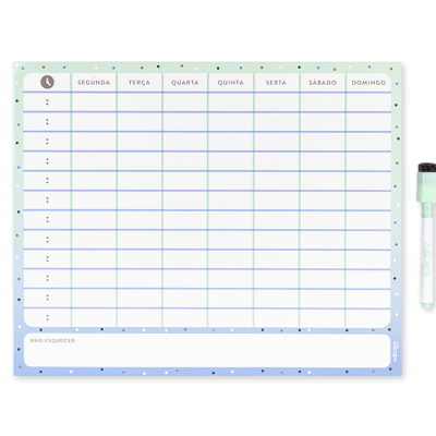 Quadro branco semanal com caneta apagável e divisões por dias da semana