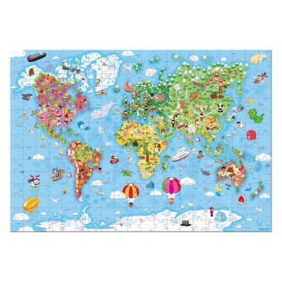 Puzzle ilustrado de mapa-múndi com animais e objetos típicos