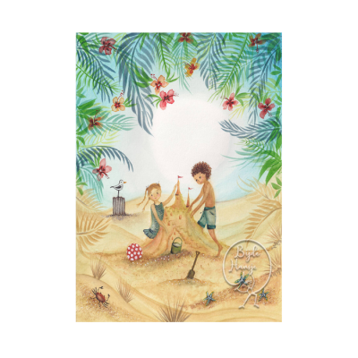 Ilustração de duas crianças a construir castelo de areia numa praia com plantas e flores