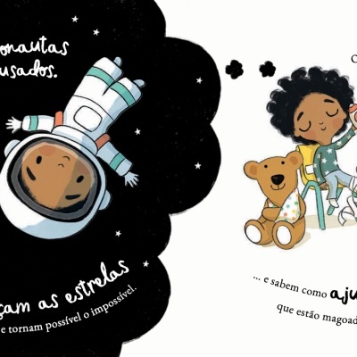Ilustração de crianças astronautas e cuidados médicos em cenário lúdico.