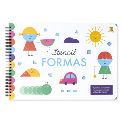 Livro stencil Formas com desenhos geométricos e personagens coloridos