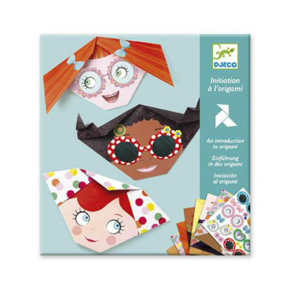 Embalagem de conjunto origami DJECO com três faces de papéis dobrados coloridos