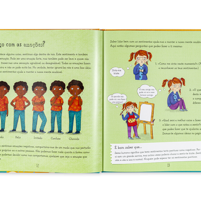 Livro infantil aberto com ilustrações de crianças e texto em português sobre emoções.