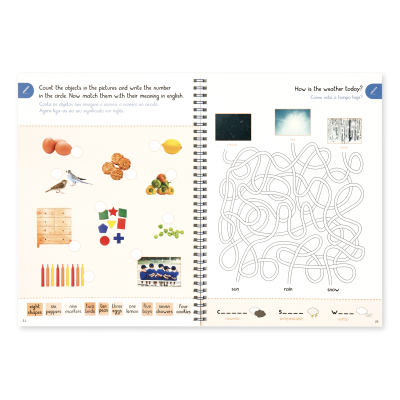 Página dupla de livro educativo com imagens coloridas e texto bilíngue para crianças.