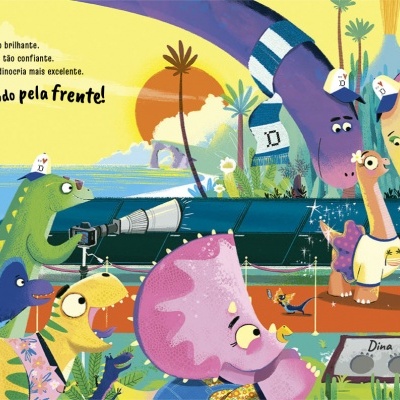 Ilustração colorida de dinossauros em parque com texto em português