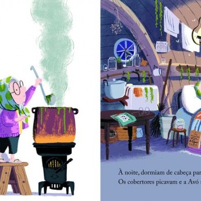 Ilustração de quarto infantil com criança e urso branco ao lado da cama