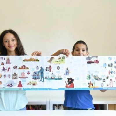 Duas crianças seguram um mapa ilustrado grande e colorido