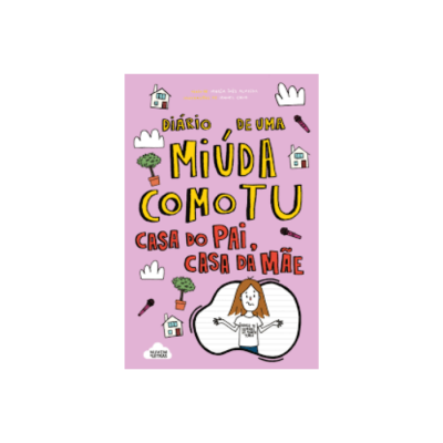 Capa de livro rosa com texto colorido e ilustrações de casas e rapariga desenhada