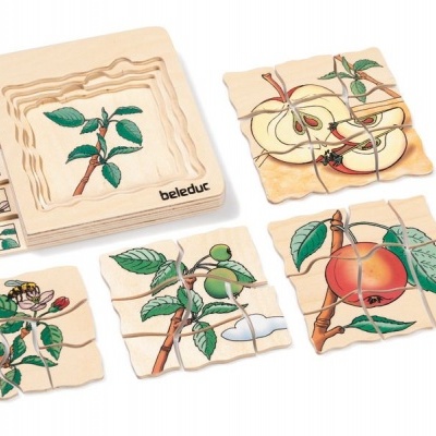 Quebra-cabeças de madeira com imagens de maçã e flores
