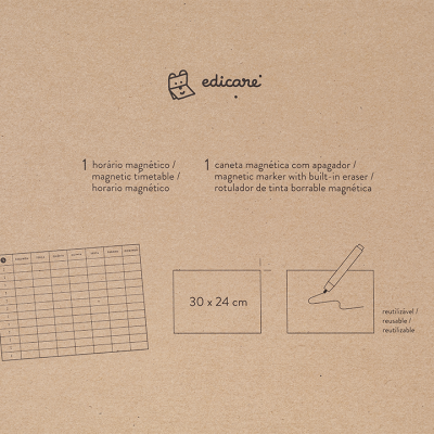 Embalagem de papel castanho com instruções e desenhos minimalistas em preto