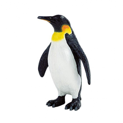Figura de pinguim de plástico com detalhes em amarelo, preto e branco