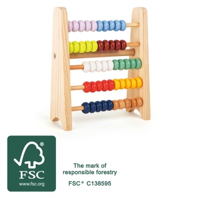 Ábaco de madeira com contas coloridas e logótipo FSC