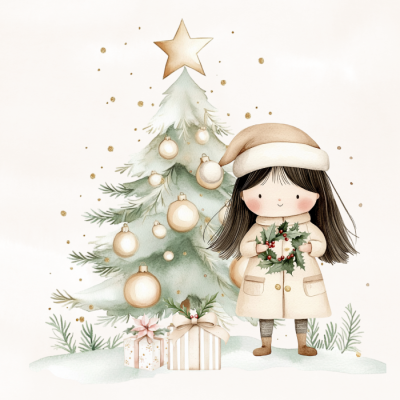 Menina com casaco e gorro segurando coroa de azevinho ao lado de árvore de Natal decorada com bolas douradas e estrela no topo