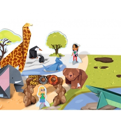 Figuras origami de animais e personagens humanas numa paisagem natural