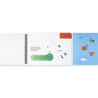 Livro infantil colorido com ilustrações de lagarta e pássaros, texto em português e formas geométricas