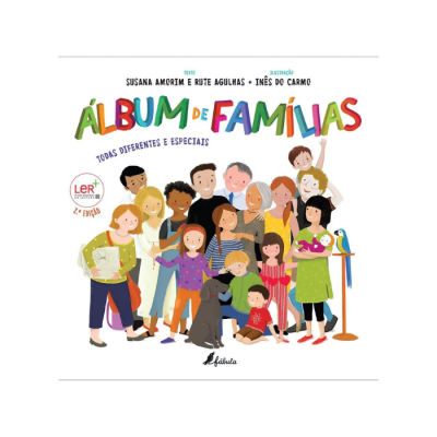 Capa de livro 'Álbum de Famílias' com ilustração de grupo familiar diversificado
