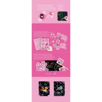 Embalagem rosa com estênceis e painel para desenhar riscando com desenhos variados