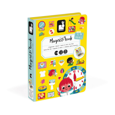 Livro infantil Magnét'book com capa amarela e ilustrações educativas coloridas