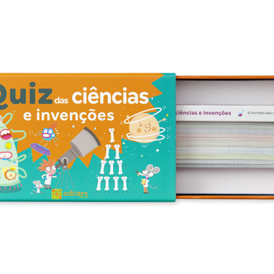 Jogo de quiz das ciências e invenções com cartas e ilustrações coloridas