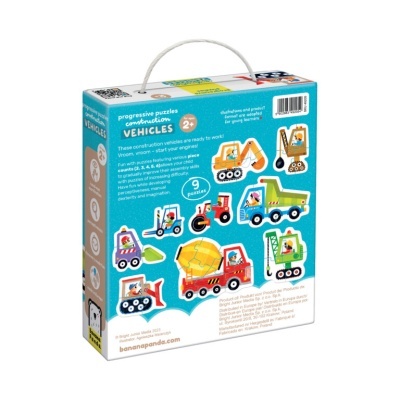 Embalagem de puzzle infantil com nove peças de veículos de construção coloridos sobre fundo azul