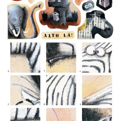 Ilustrações coloridas de animais com textura e texto 'ALTO LÁ!' em fundo branco.