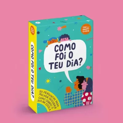 Caixa de jogo com texto 'COMO FOI O TEU DIA?' e ilustrações coloridas de pessoas