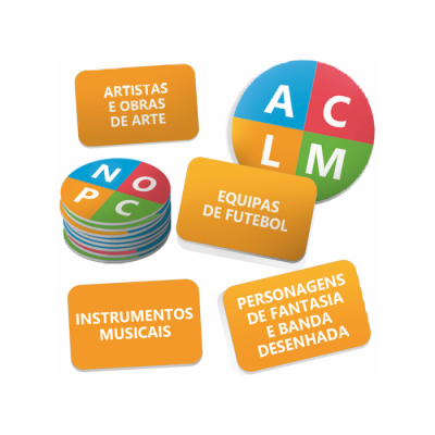 Cartões coloridos com categorias em português para jogo ou atividade educativa