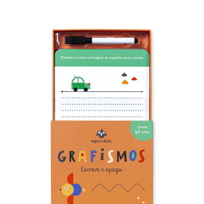 Bloco de notas GRAFISMOS com capa castanha, folhas ilustradas, caneta preta embutida