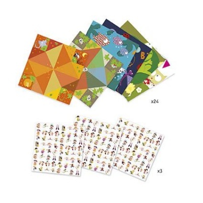Conjunto de papeis de origami coloridos com padrões e adesivos com figuras pequenas