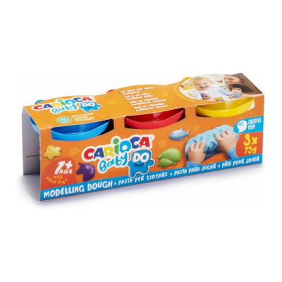 Conjunto de plasticina colorida para crianças em embalagem com três potes nas cores azul, vermelho e amarelo