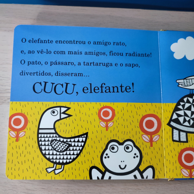 Página de livro infantil com texto em português e ilustrações coloridas de animais e flores