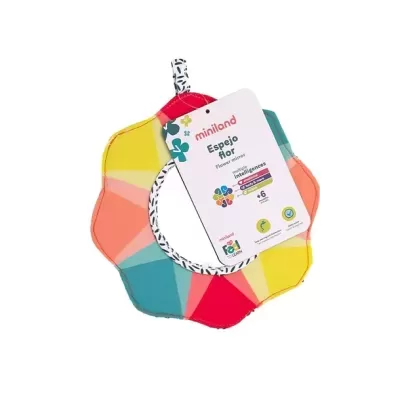 Espelho de bebé colorido em forma de flor com etiqueta pendurada