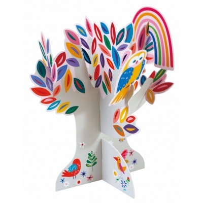 Árvore decorativa colorida em papel/cartão com pássaros e folhas