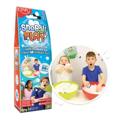 Embalagem do produto Zimpli Snoball Play e crianças brincando com bolas de neve artificiais em tigelas