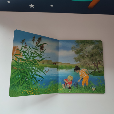 Livro infantil aberto com ilustração de crianças junto a lago e vegetação verde