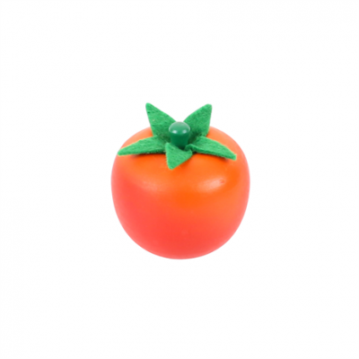 Objeto em forma de tomate vermelho com folhas verdes de feltro no topo