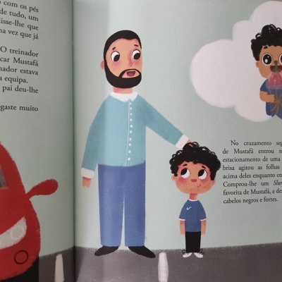 Ilustração de um homem, uma criança e a criança em pensamento, em página de livro infantil em português.