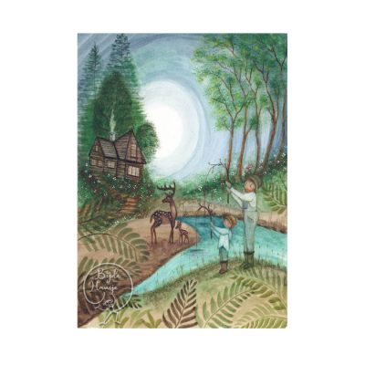 Ilustração de cabana em bosque com rio, duas pessoas e três veados