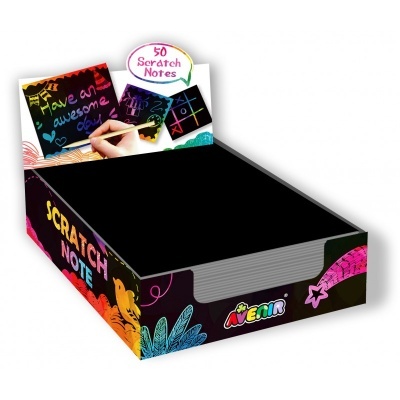 Expositor de notas autocolantes estilo scratch em caixa preta com detalhes coloridos