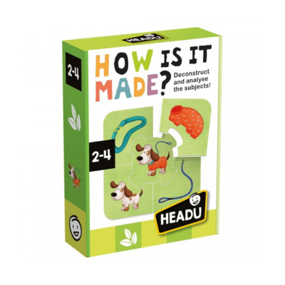 Caixa de jogo educativo 'HOW IS IT MADE?' com imagem de cão e coleira em peças de puzzle