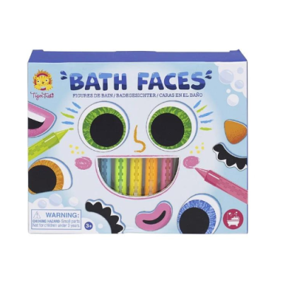 Caixa azul de figuras de banho Bath Faces com elementos coloridos visíveis