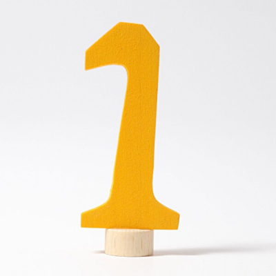 Número 1 amarelo em madeira com base cilíndrica