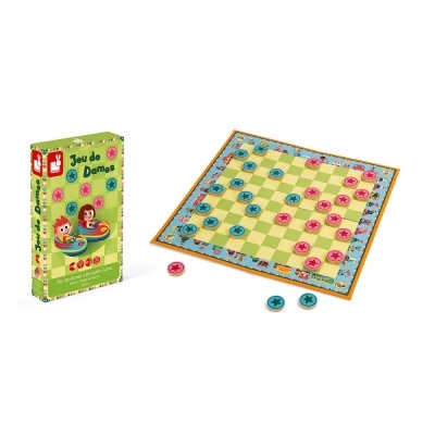 Jogo de damas com tabuleiro e peças cor-de-rosa e azul junto à embalagem verde.