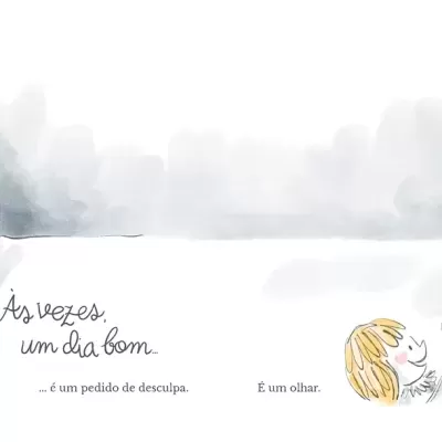 Texto em português com ilustração de personagem sorridente e fundo cinza claro