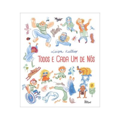 Capa de livro infantil colorida com várias pessoas e animais desenhados e texto em português