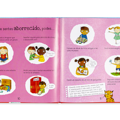 Páginas abertas de um livro infantil em português com ilustrações de crianças e texto em fundo cor-de-rosa.