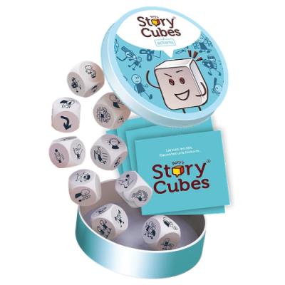 Conjunto Story Cubes com dados ilustrados e caixa azul