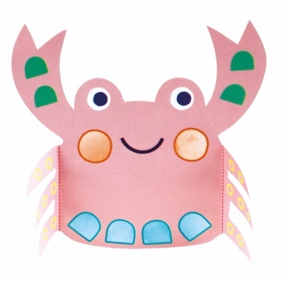 Brinquedo ou acessório em forma de caranguejo cor-de-rosa com detalhes coloridos