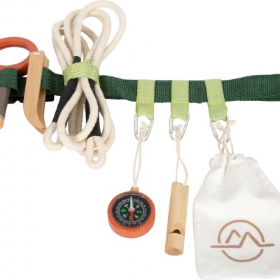 Kit de sobrevivência com bússola, apito, corda e saco branco em alça verde